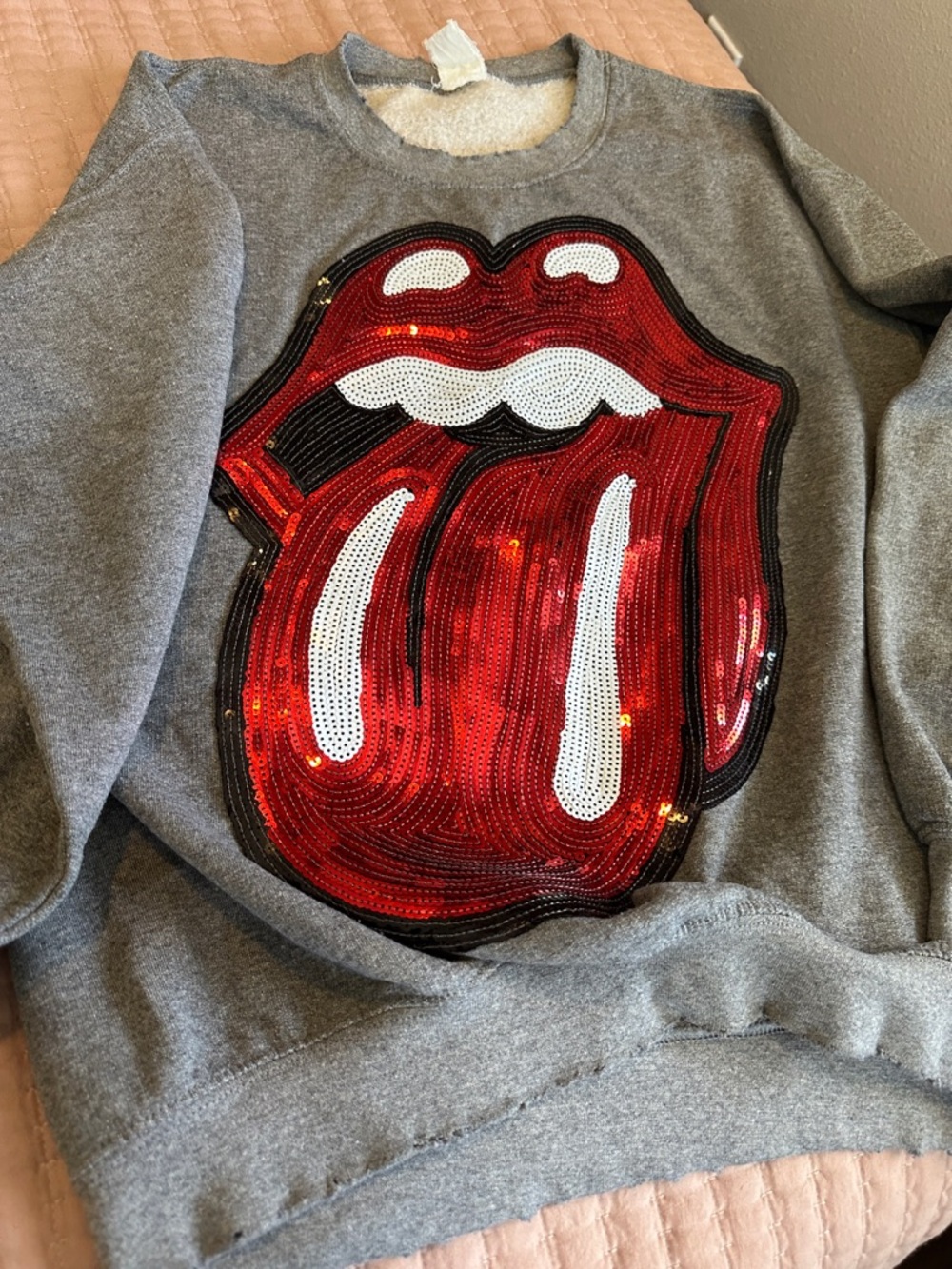 MadeWorn Gray Sweatshirt with Red Sequin Tongue Patch